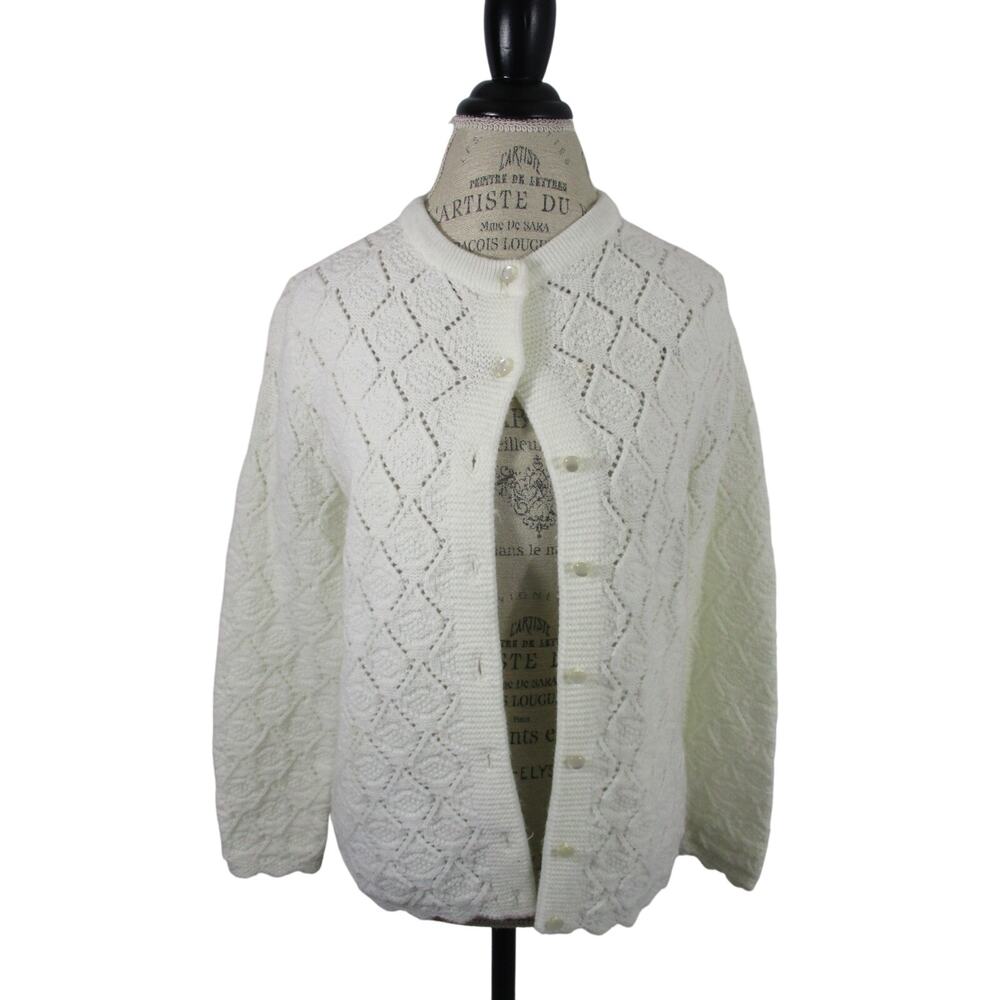 Vintage Hand Knit White Cardigan Sweater with Clear Moonglow Buttons